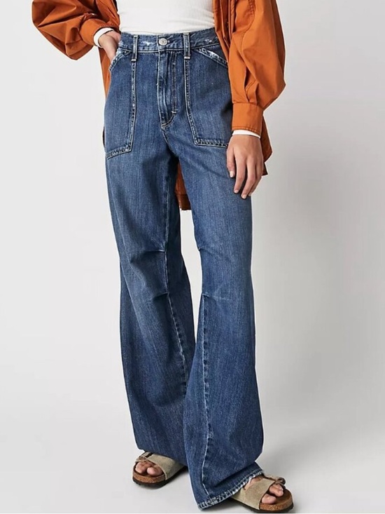 AMO Denim - AMO Severine Cargo Jeans Size 28 Mid Rise Wide Leg Denim Lovely Blue Made in USA